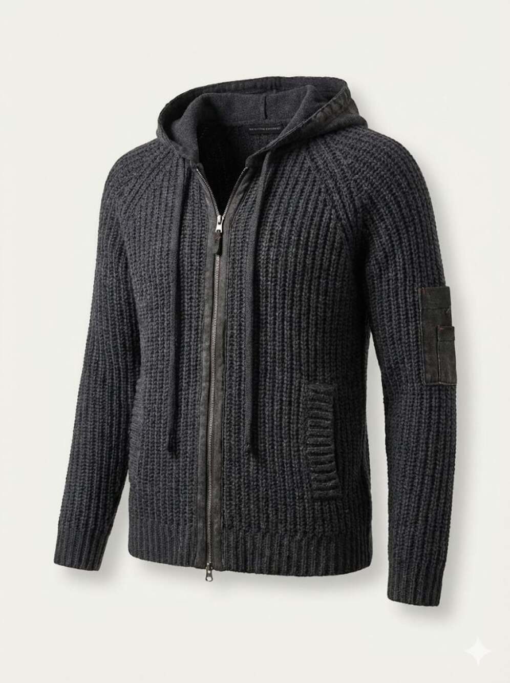 Krizia Uomo Men's Dark Grey Ribbed Knit Zip-Up Hoodie Cardigan - Made in Italy